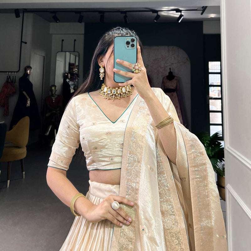 Bottle Green Color Mirror And Bids (Moti) Handwork Shimmer With Weaving Work Lehenga Choli