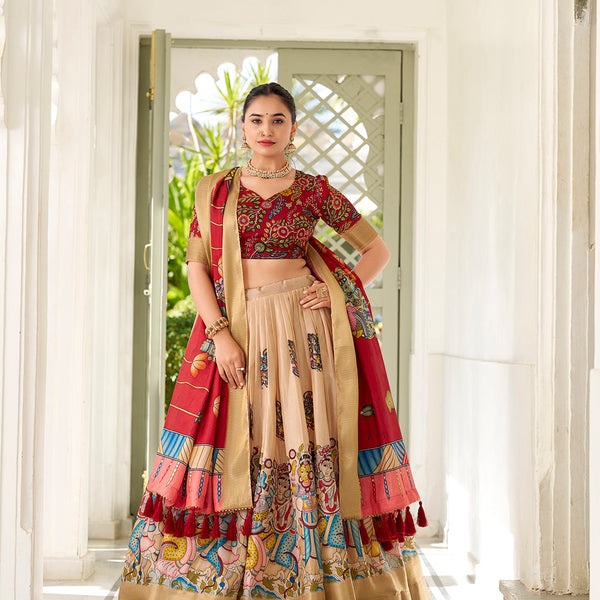 Cream Color Kalamkari Print With Weaving Border Dola Silk Lehenga Choli