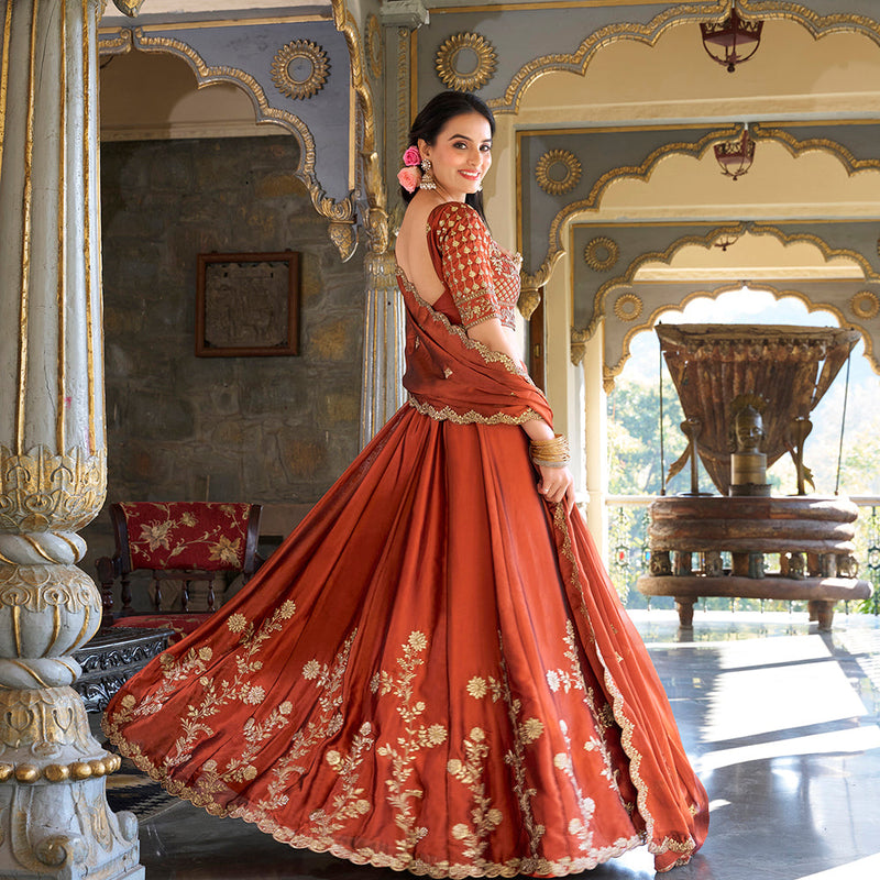Rust Orange Color Sequins And Thread Embroidery Work Rangoli Silk Lehenga Choli
