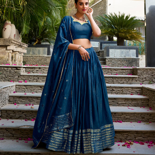 Navy Blue Color Zari Weaving Work Chanderi Lehenga