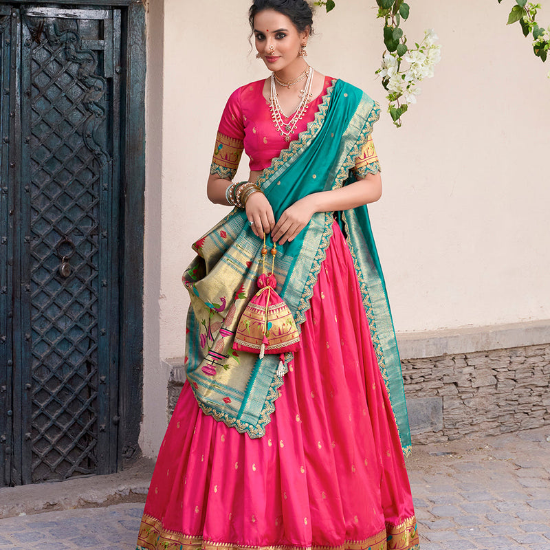 Pink Color Zari Weaving Work Jacquard Silk (Paithani) Lehenga Choli