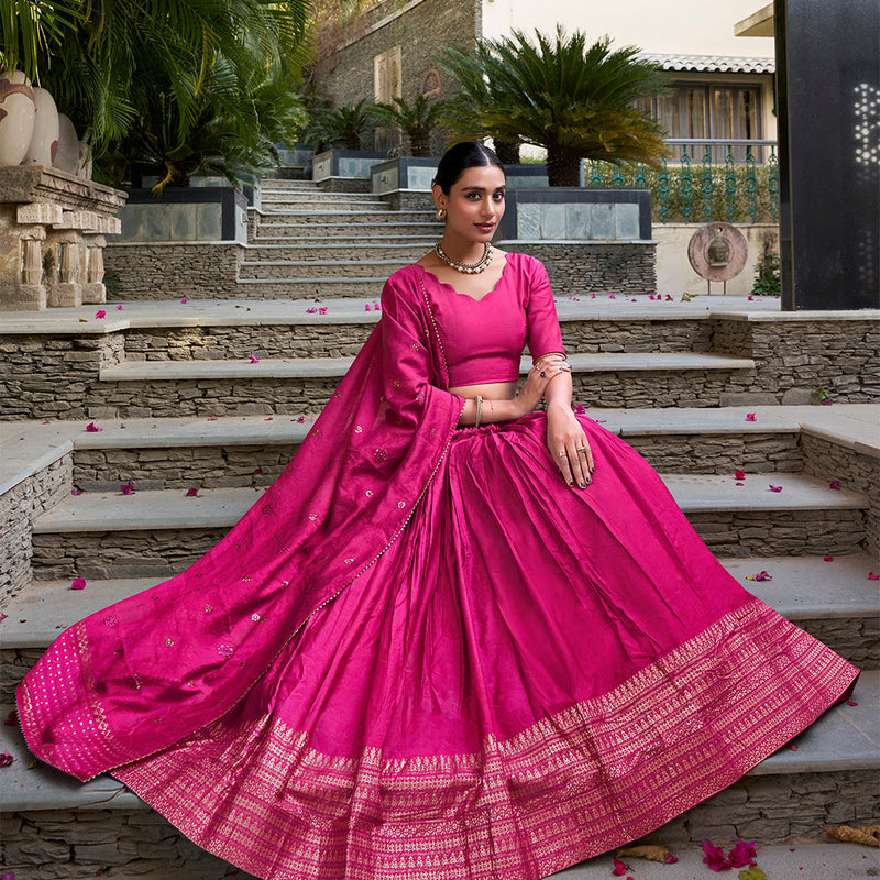 Pink Color Plain With Zari Weaving Work Chanderi Lehenga Choli