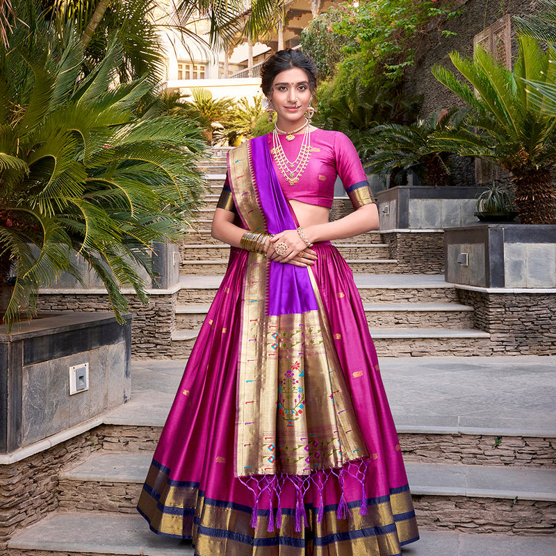 Pink Color Zari Weaving Work Jacquard Silk(Paithani) Lehenga Choli