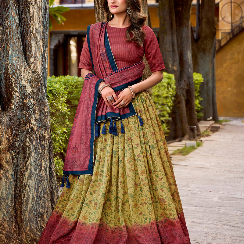 Crimson Color Printed With Vichitra Silk Choli