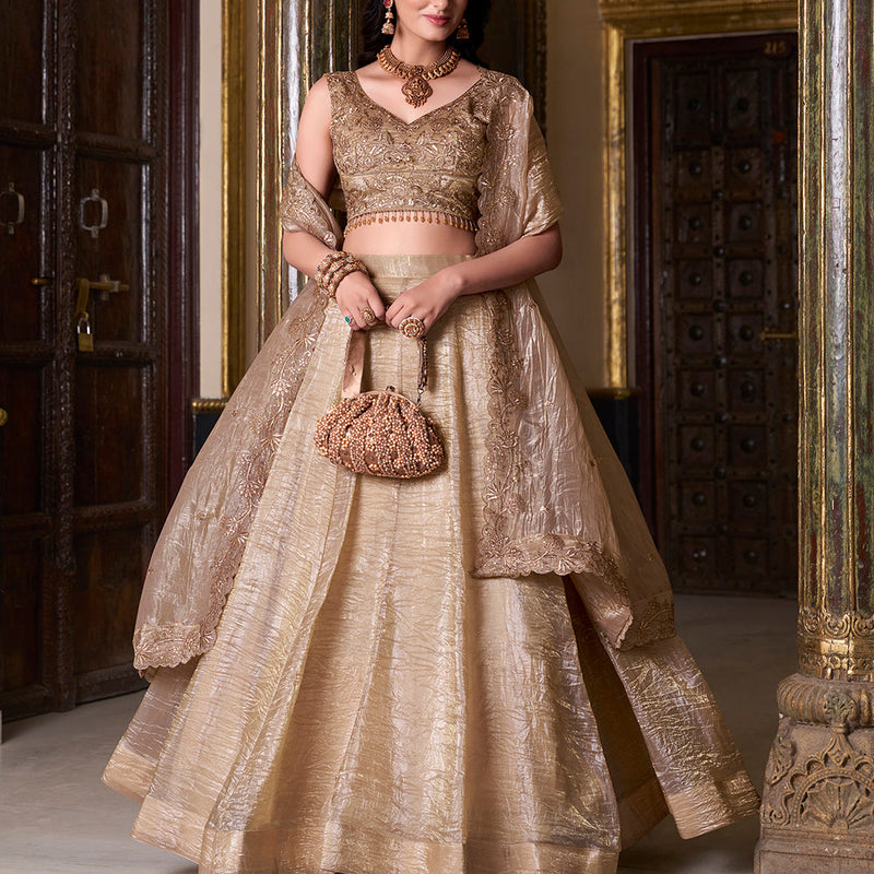 Chiku Color Sequins And Embroidery Work With Gold Crush Lehenga Choli