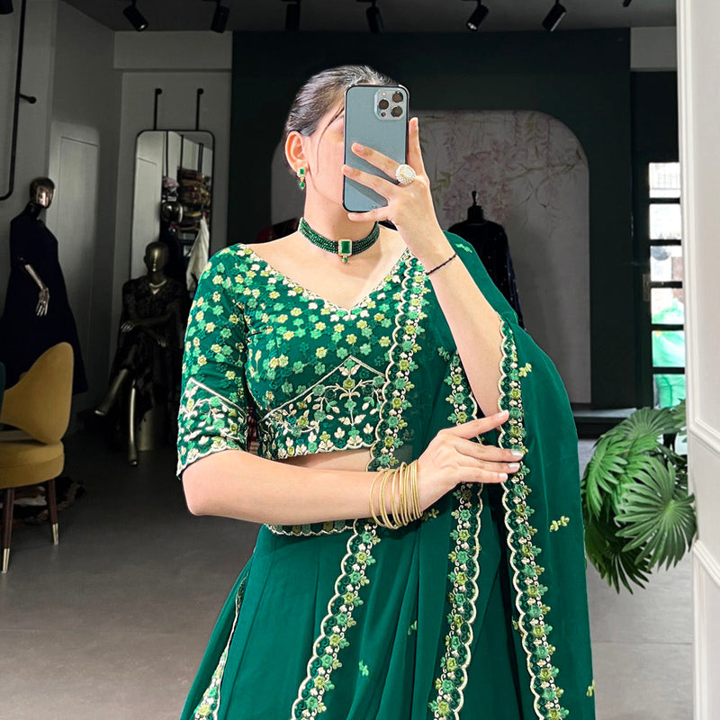 Bottle Green Color Thread Embroidery Work Georgette Lehenga Choli