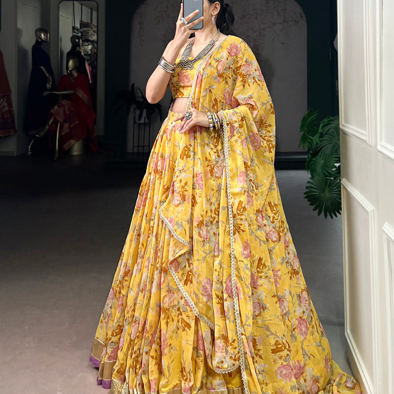 Yellow Color Floral And Foil Print With Embossed Design Chiffon Ghaghra choli