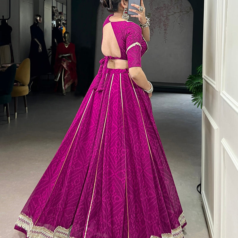 Wine Color Bandhej Print With Lace Touch Up Chiffon Chaniya Choli