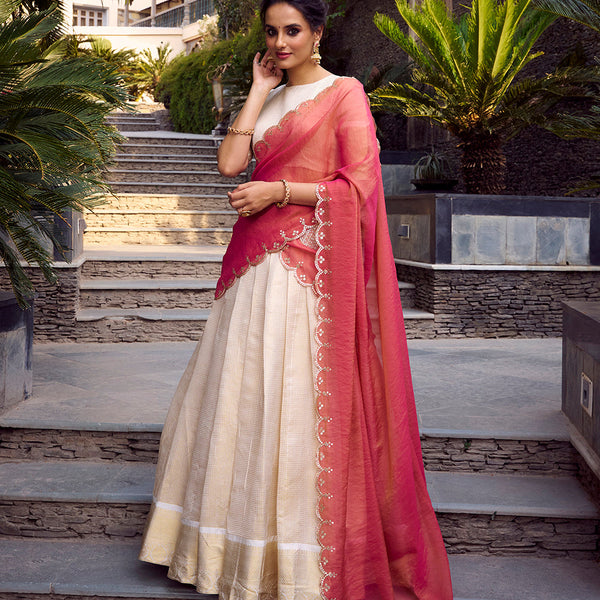 Off White Color Zari Weaving Work Jacquard Chex South Indian Lehenga Choli