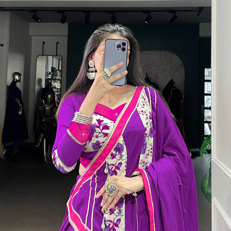 Purple Color Printed And Original Mirror Lace Border Rayon Lehenga Choli