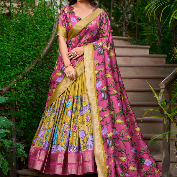 Mustard Color Kalamkari Print With Zari Weaving Dola Silk Pattu Lehenga Choli