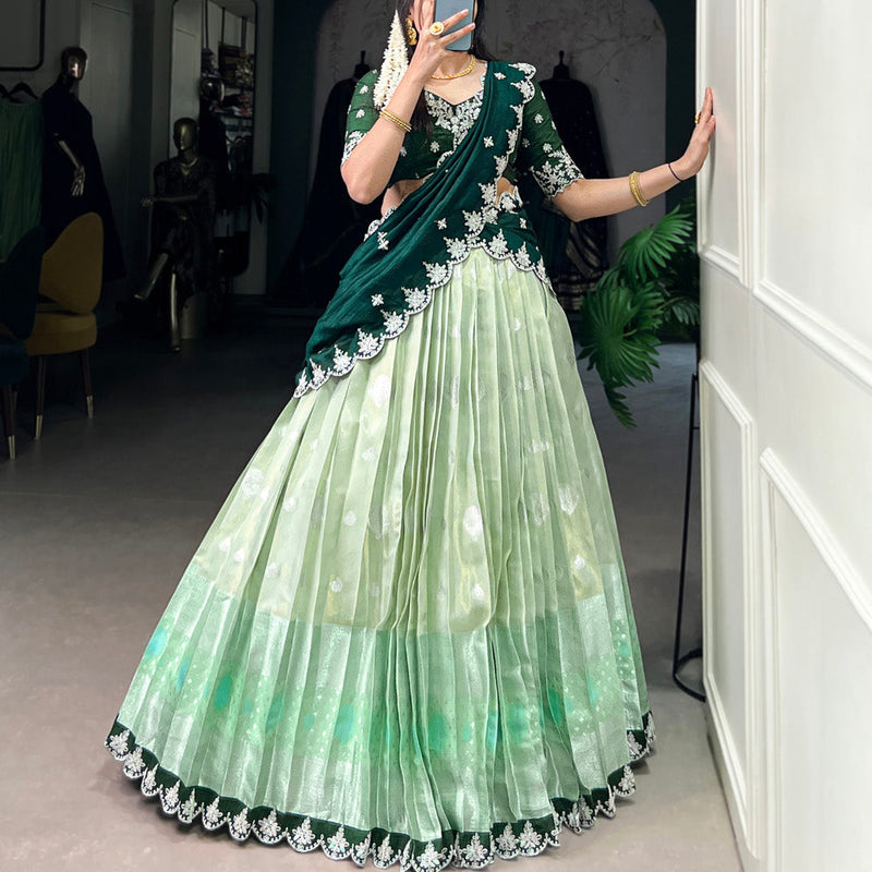 Pista Color Zari Weaving Work Sequins And Embroidery Border With Zari Kota Lehenga Choli
