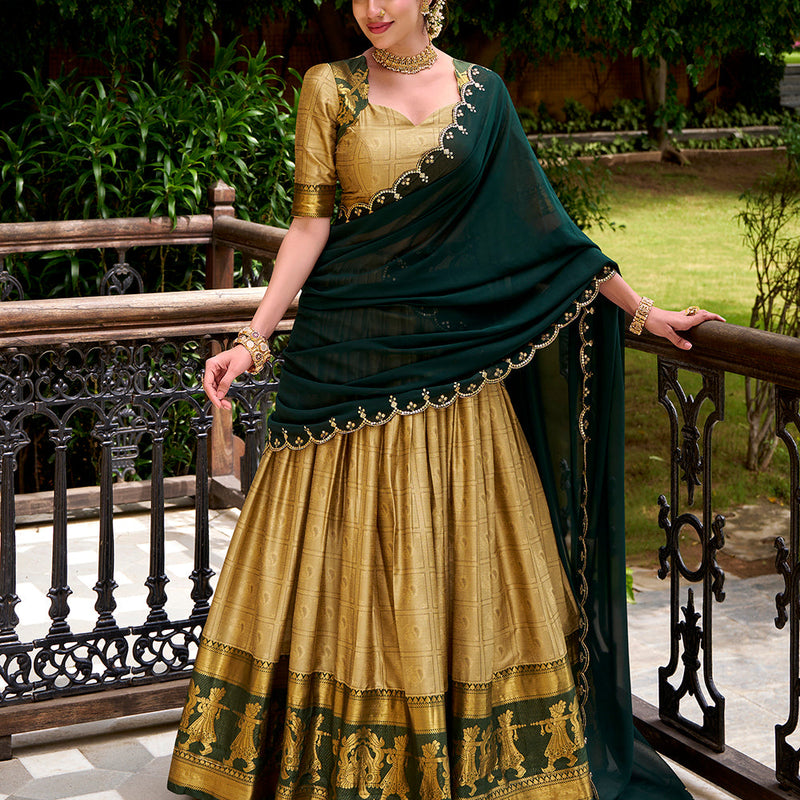 Cream Color Zari Weaving Work Poly Cotton Lehenga Choli