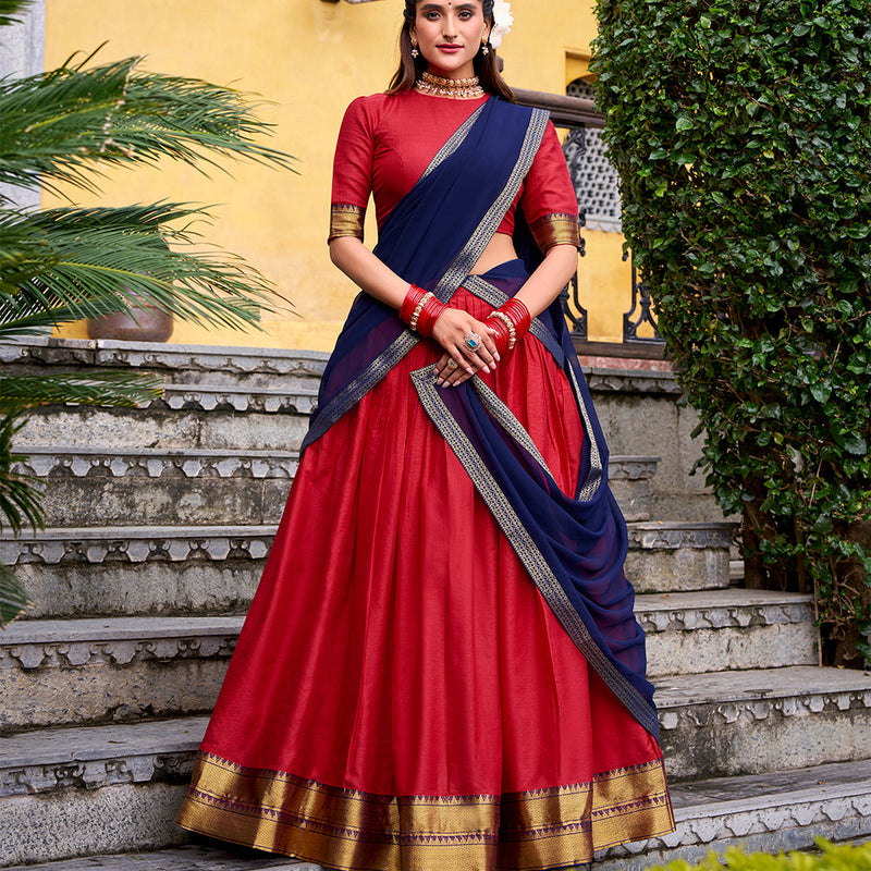 Red Color Zari Weaving Work Poly Cotton Lehenga choli