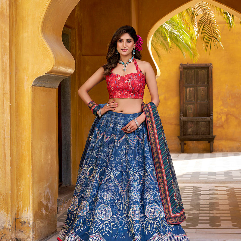 Blue Color Printed With Beads Work Lehenga