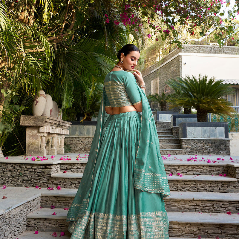 See Green Color Plain With Zari Weaving Work Border Chanderi Wedding Lehenga Choli