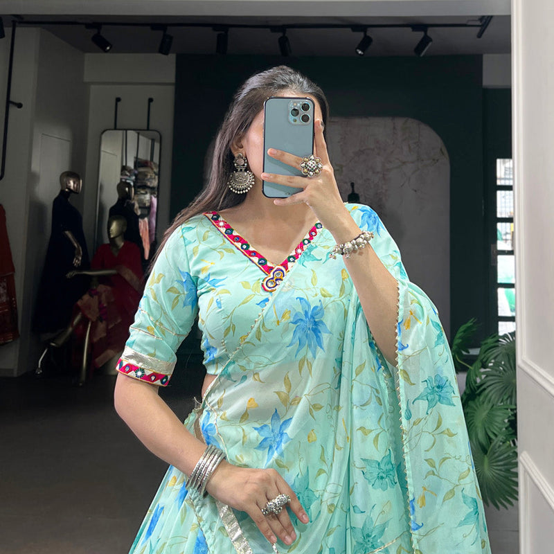 Pista Color Floral Print With Embossed Design Tabby Silk Chaniya Choli