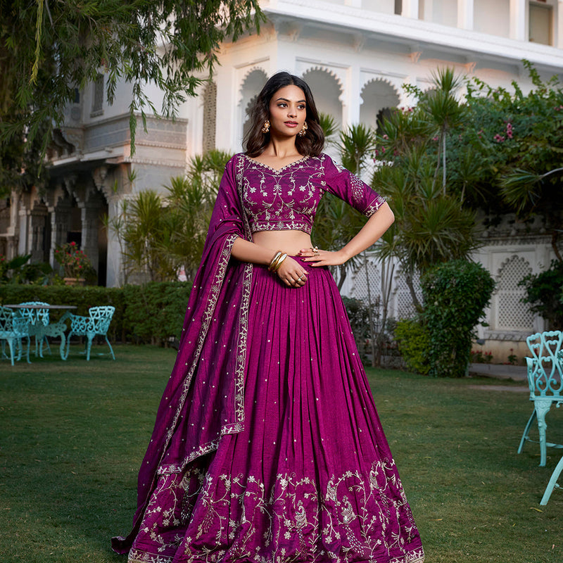 Wine Color Sequins And Thread Embroidery Work Vichitra Silk Lehenga Choli