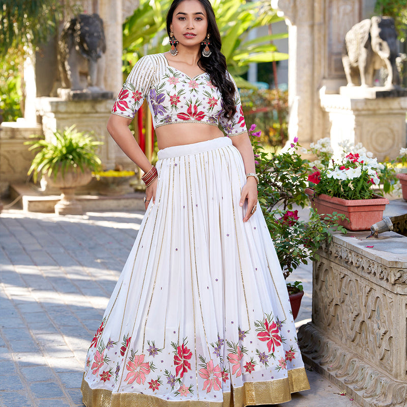 White Color Sequins And Thread Embroidery Work Georgette Lehenga Choli