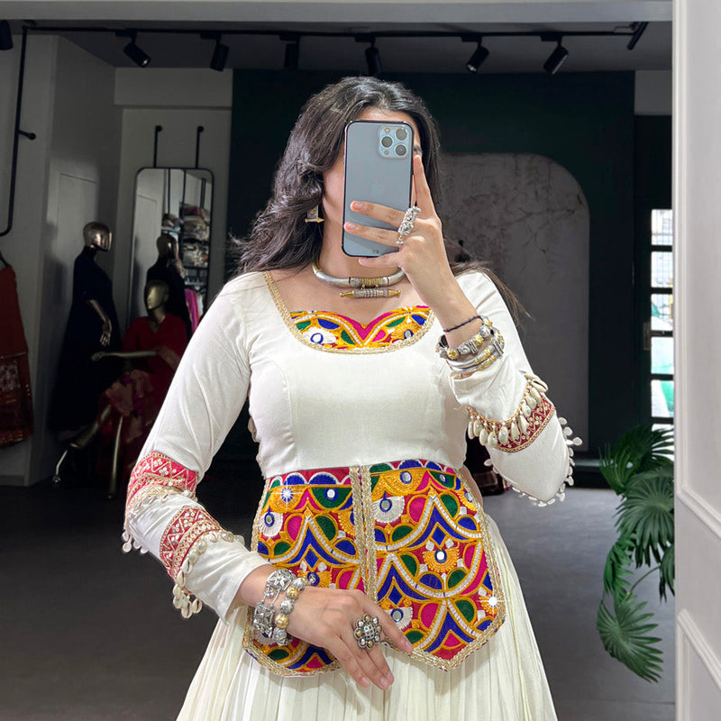 White Color Multi Patch With Lace Touch Up Rayon Chaniya Choli