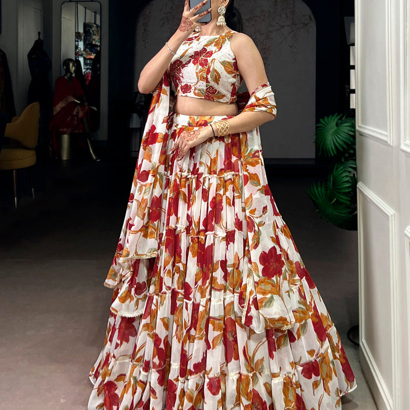 White Color Floral Printed Marbel Chaniya Choli