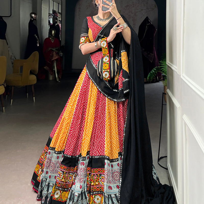 Yellow Color Bandhej And Ajarakh Printed Rayon Chaniya Choli