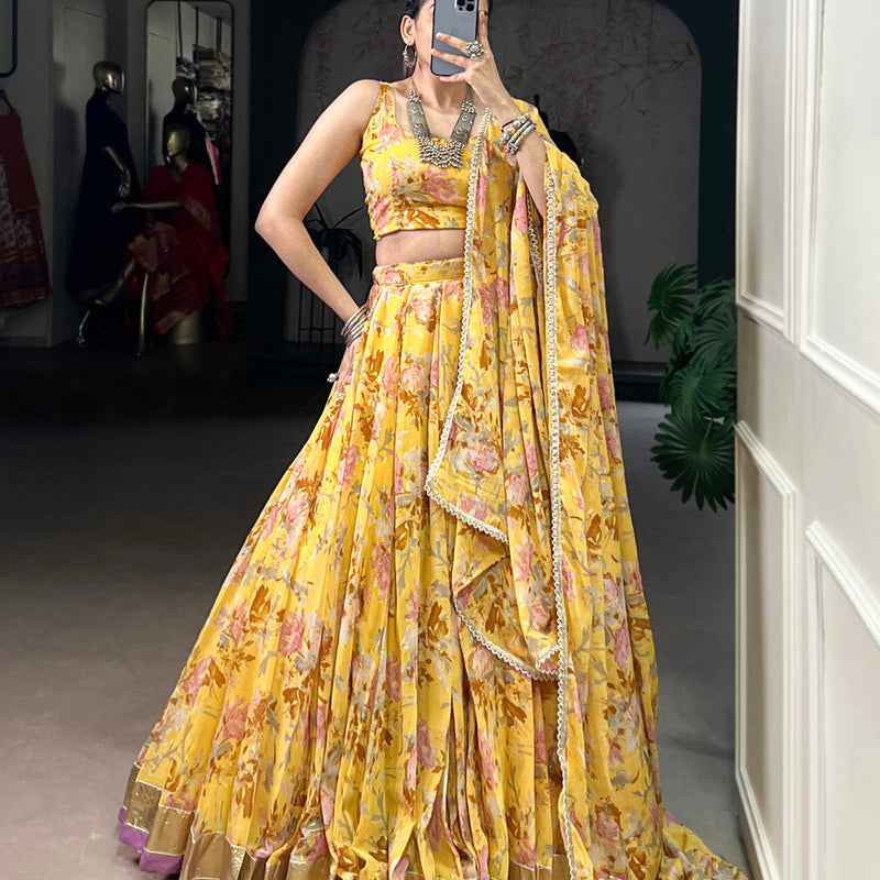 Yellow Color Floral And Foil Print With Embossed Design Chiffon Ghaghra choli