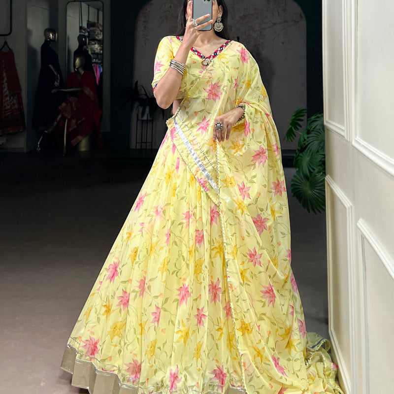 Yellow Color Floral Print With Embossed Design Tabby Silk Chaniya Choli
