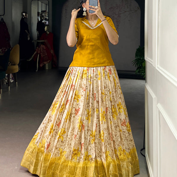 Yellow Color Floral Print With Zari Weaving Work Dola Chex Co-Ord Set