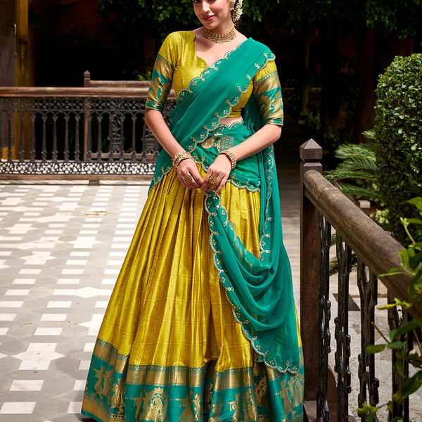 Yellow Color Zari Weaving Work Poly Cotton Lehenga Choli