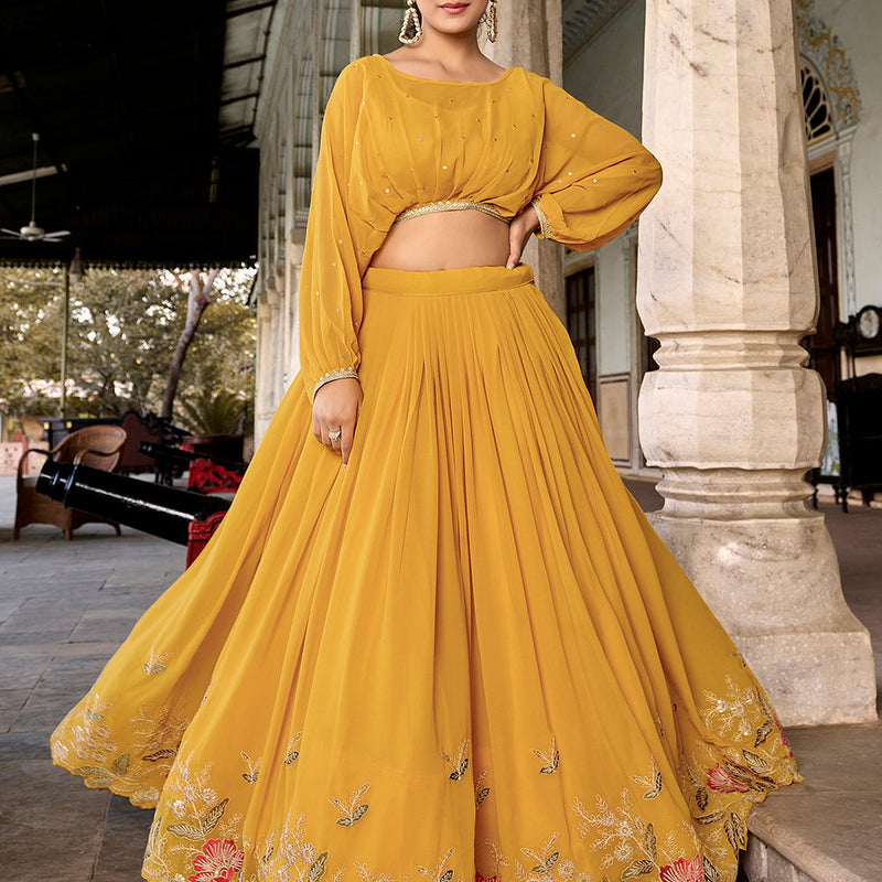 Mustard Color Sequins And Thread Embroidery Work Georgette Co-ord Set Lehenga Choli