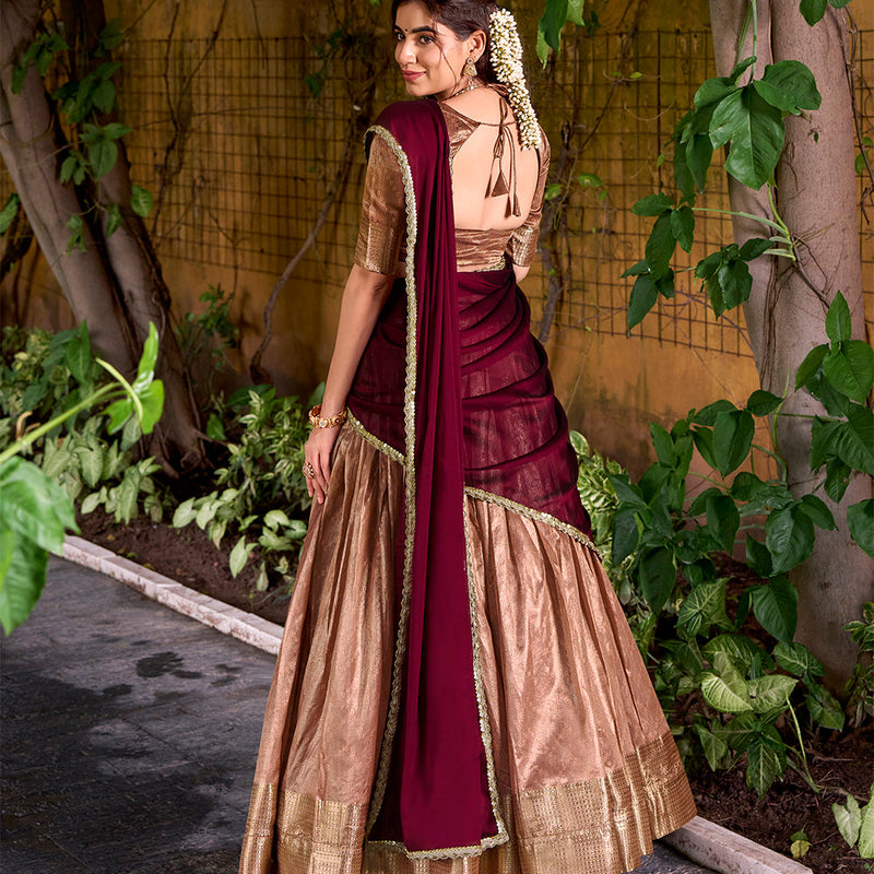 Peach Color Zari Weaving Work Dupion Silk Lehenga Choli