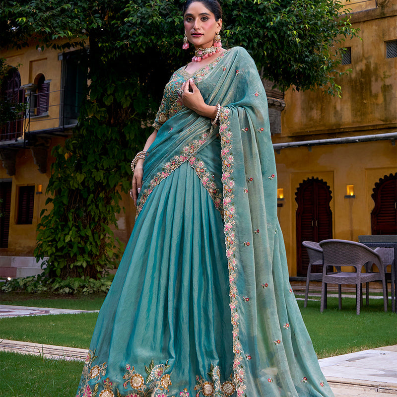 Sky Blue Color Sequince And Thread Embroidery Work Zari Shimmer Lehenga Choli