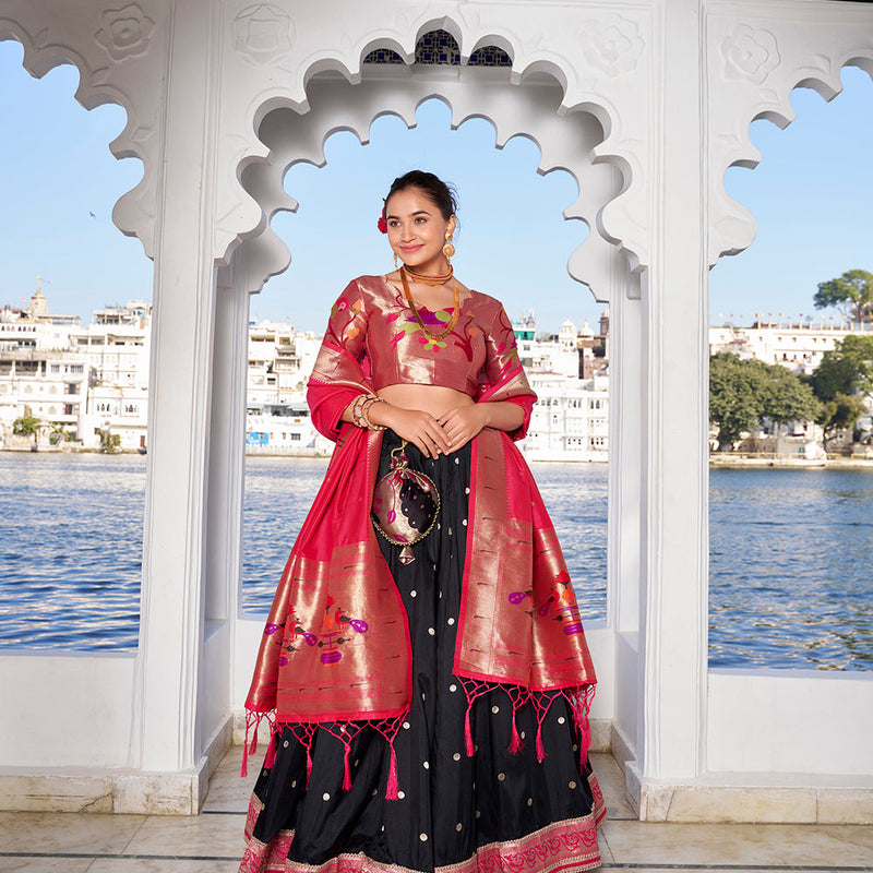 Black Color Weaving Zari Work With Jacquard Silk (Paithani) Maharashtrian Lehenga Choli