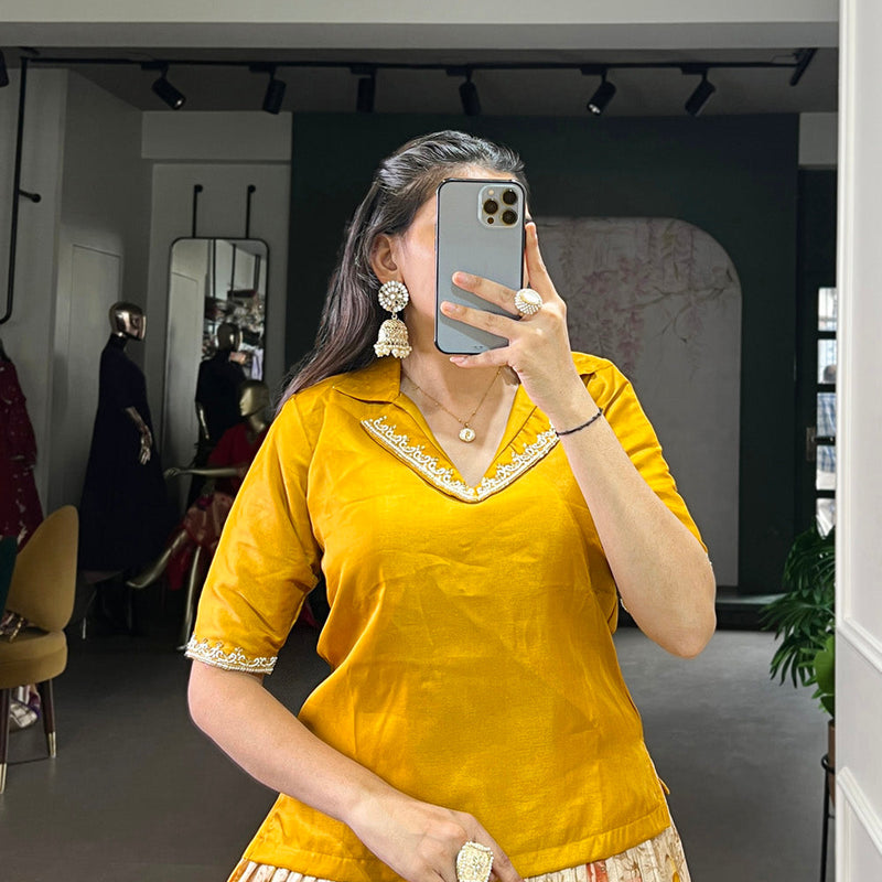 Yellow Color Floral Print With Zari Weaving Work Dola Chex Co-Ord Set