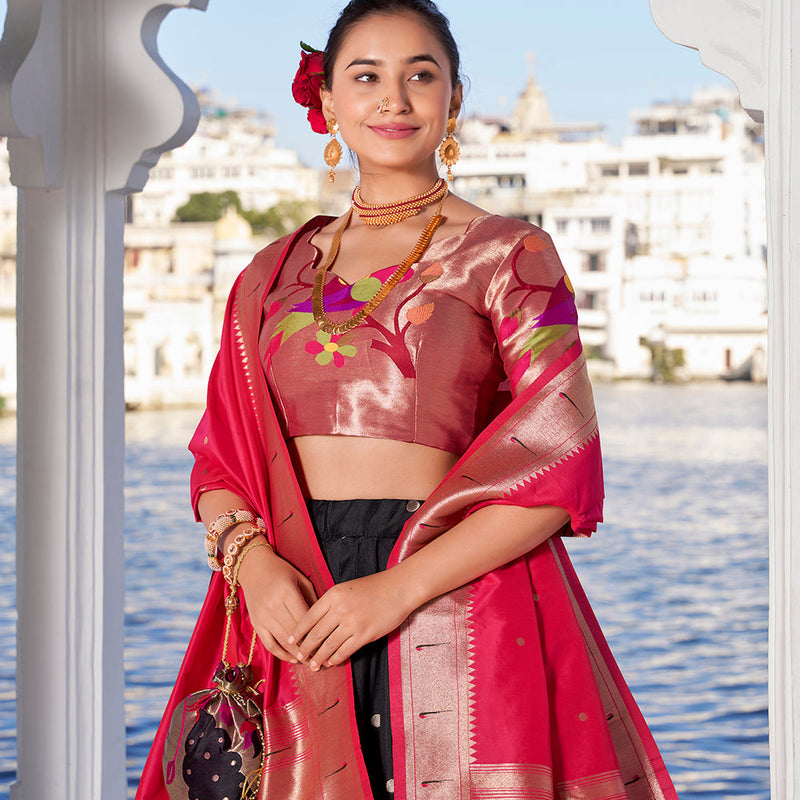 Black Color Weaving Zari Work With Jacquard Silk (Paithani) Maharashtrian Lehenga Choli