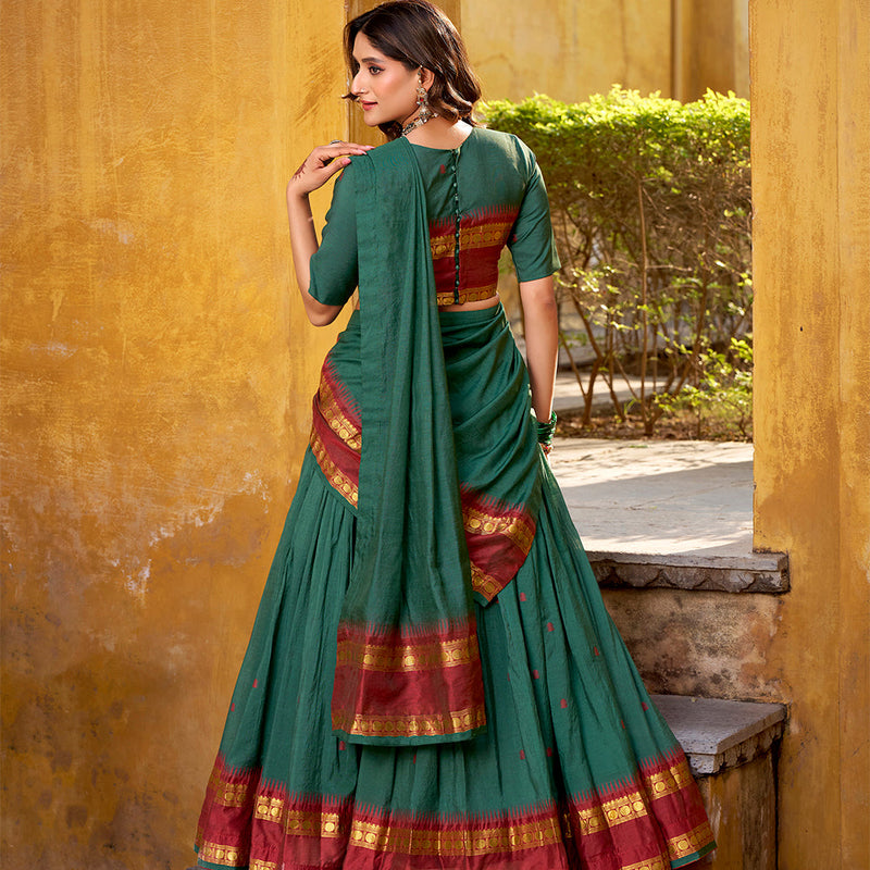 Teal Color Zari Weaving Work Chanderi Lehenga Choli
