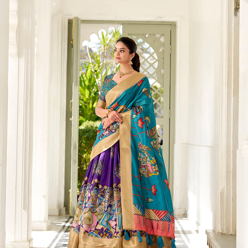 Purple Color Kalamkari Print With Weaving Border Dola Silk Lehenga Choli