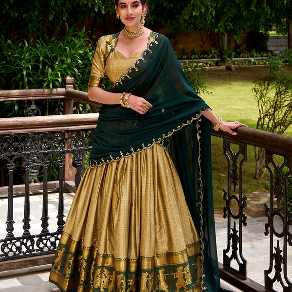 Cream Color Zari Weaving Work Poly Cotton Lehenga Choli