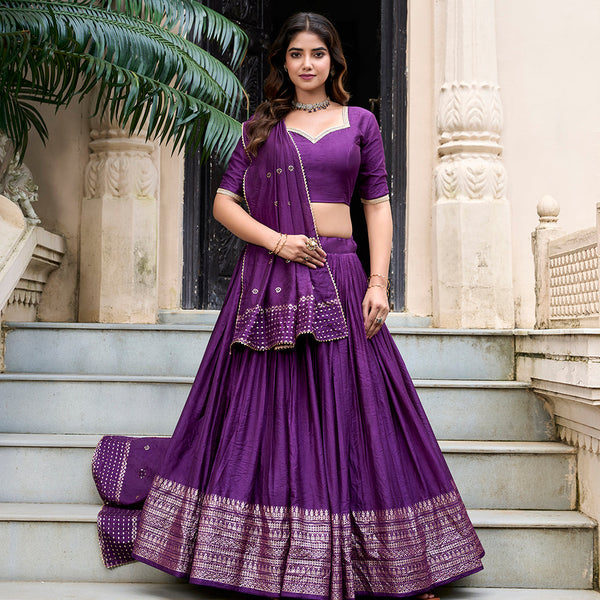 Dark Purple Color Plain With Zari Weaving Work Chanderi Lehenga Choli