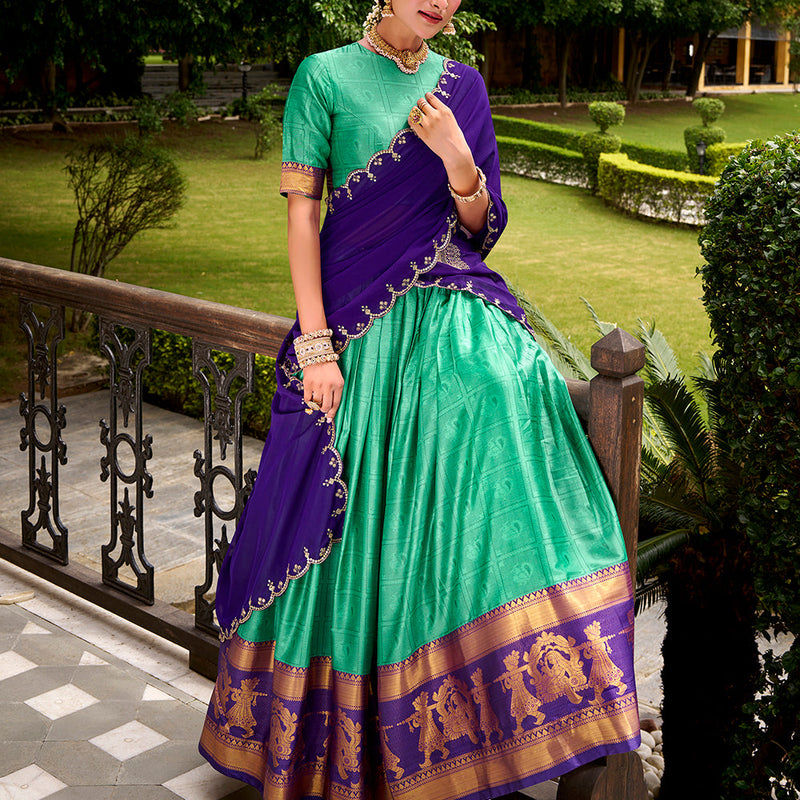 Bottle Green Color Zari Weaving Work Poly Cotton Lehenga Choli