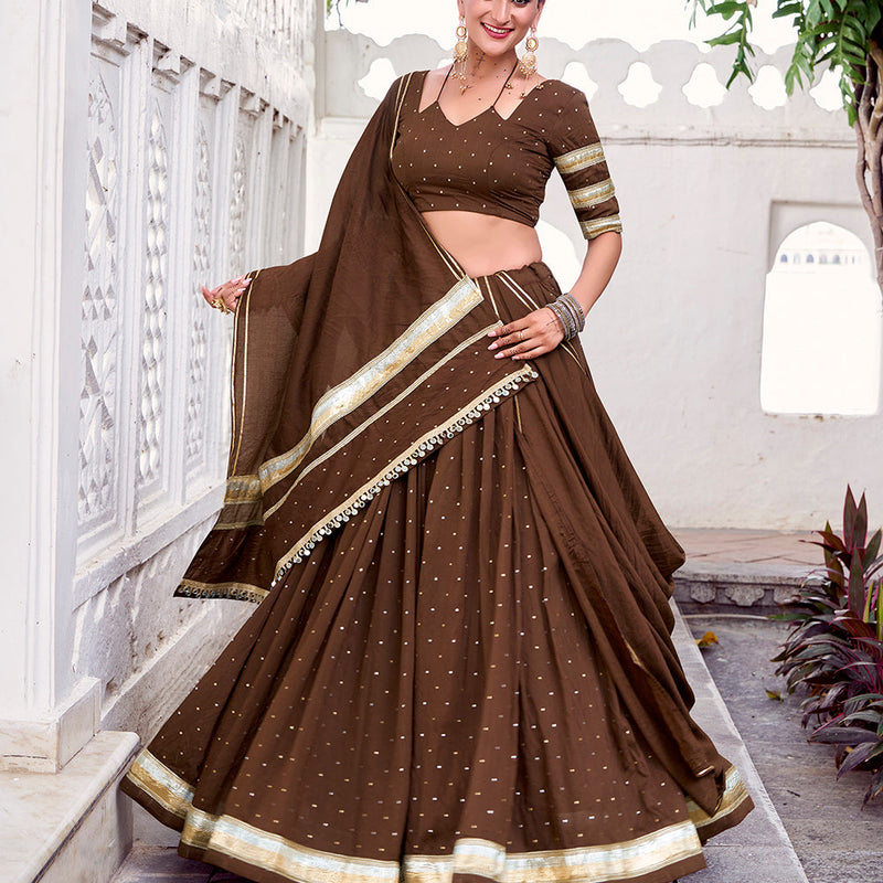 Brown Color Zari Weaving Work With Embossed Design Chanderi Lehenga Choli