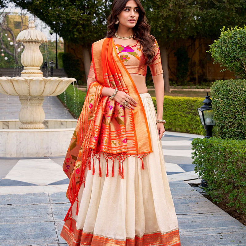 White Color Zari Weaving With Lace Border Vichitra Silk Lehenga Choli