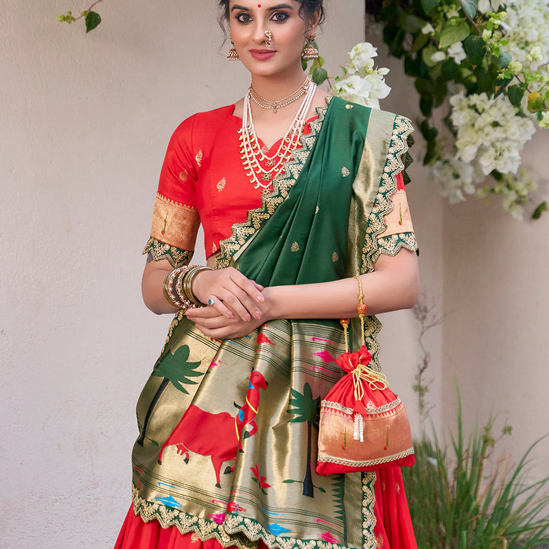 Red Color Zari Weaving Work Jacquard Silk (Paithani) Lehenga Choli