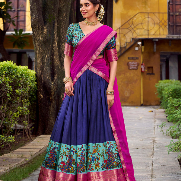 Navy Blue Color Printed With Zari Weaving Work Astha Silk Lehenga Choli