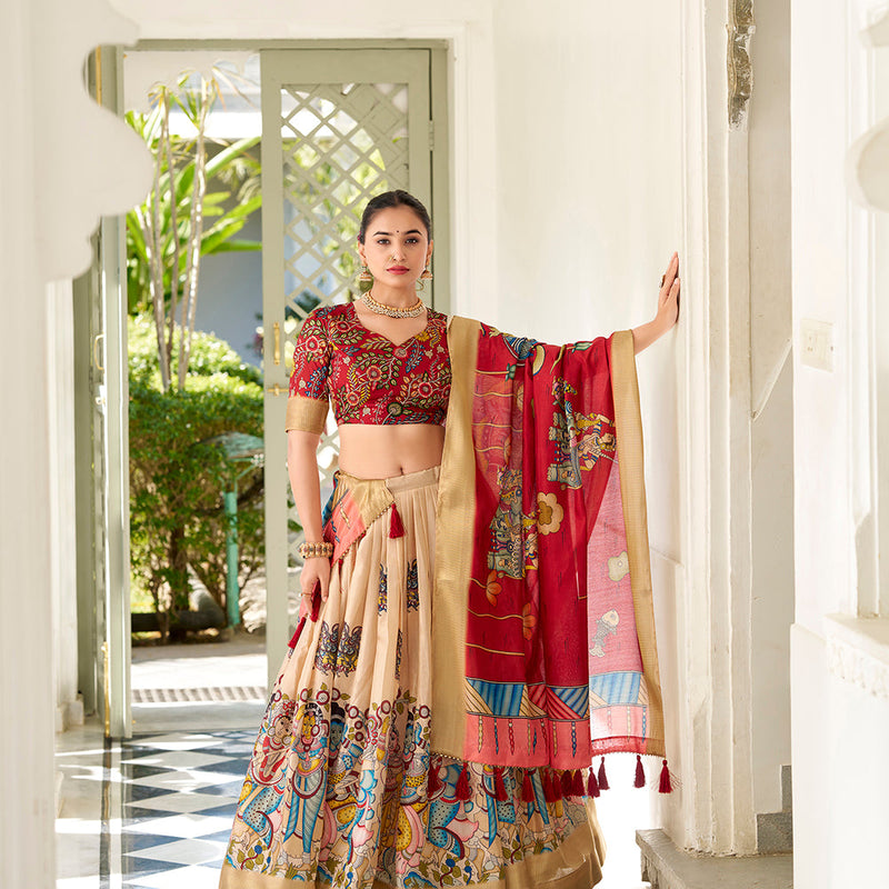 Cream Color Kalamkari Print With Weaving Border Dola Silk Lehenga Choli