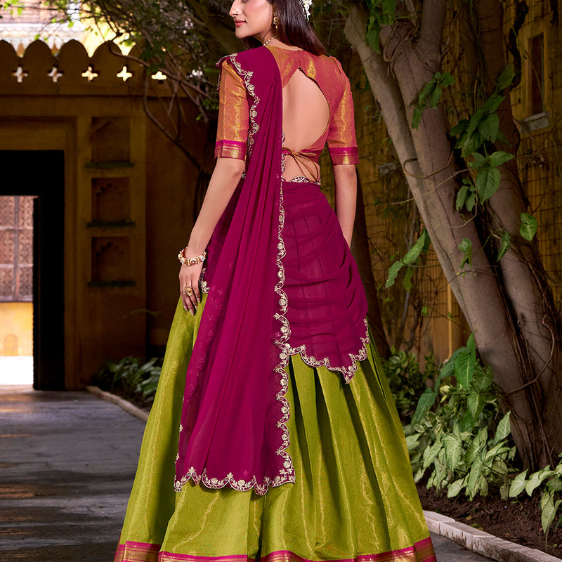 Rani Pink Color Sequince And Thread Embroidery Work Kanchipuram Lehenga Choli